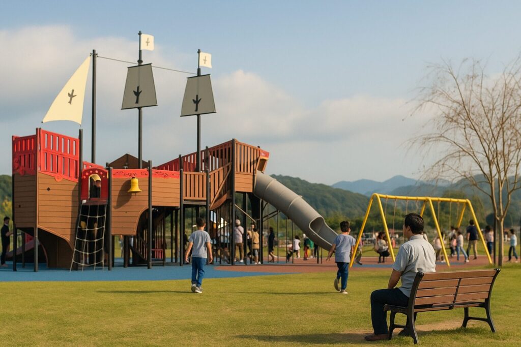 田川郡大任町「道の駅ふれあい広場」の大型遊具で子どもたちが遊ぶ様子