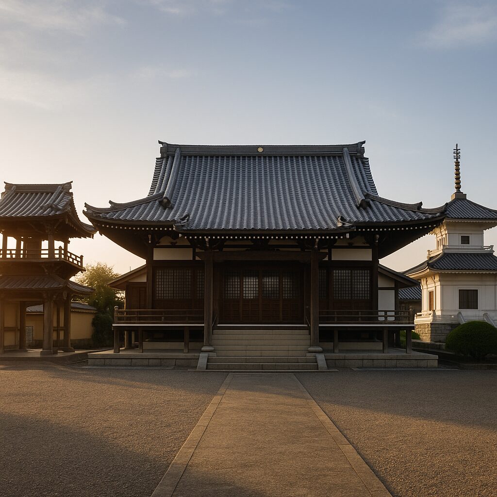 福岡・北九州・田川の真宗大谷派 西念寺　本堂と納骨堂を朝の光が照らす静かな境内