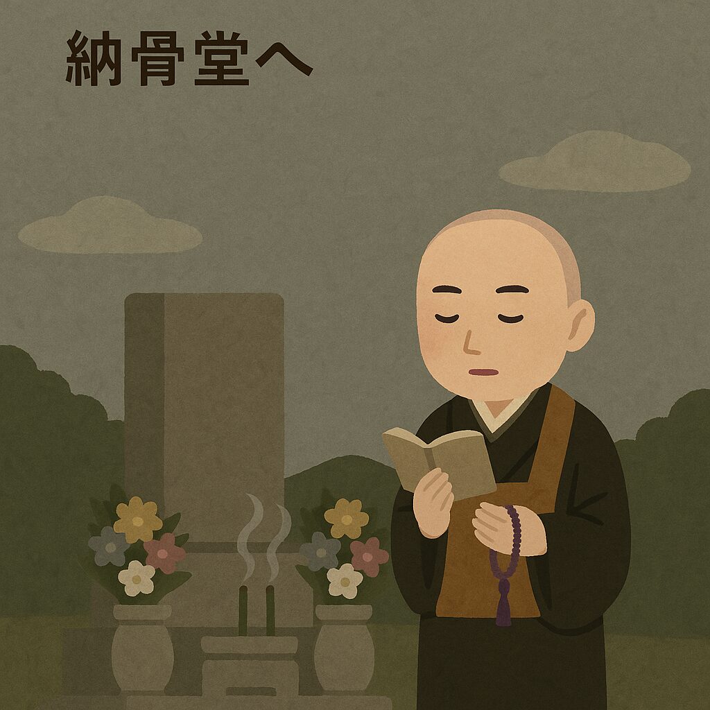 五十年の時を経てお墓の前で読経する僧侶の厳かな情景｜西念寺