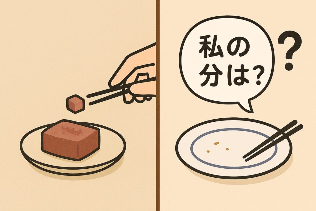 茶菓の“ひとかけ”と空のお皿に浮かぶ「私の分は？」の吹き出し