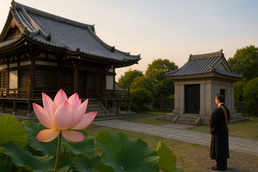 福岡県田川郡香春町の西念寺本堂と納骨堂、蓮の花が咲く穏やかな朝の風景。永代経・永代供養・永代管理を通して仏法を伝える寺院の様子。