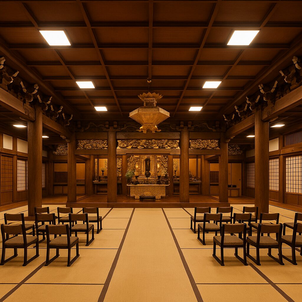 LED照明に照らされた西念寺本堂のイメージ