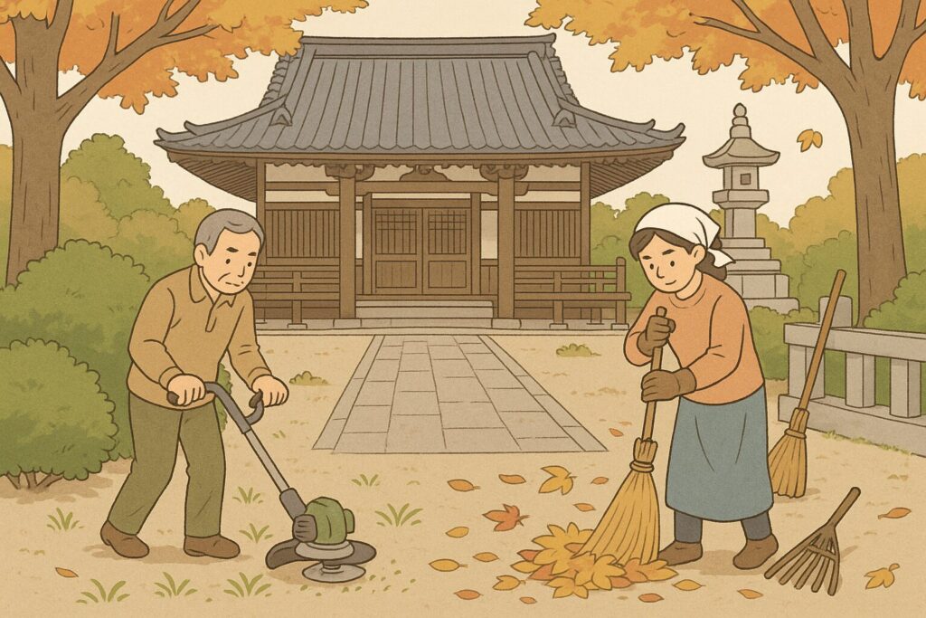 田川郡香春町の西念寺で行われる本堂・納骨堂・境内清掃奉仕の様子