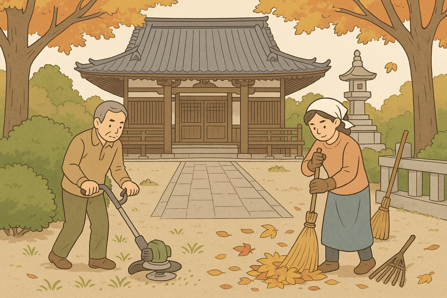 田川郡香春町の西念寺で行われる本堂・納骨堂・境内清掃奉仕の様子