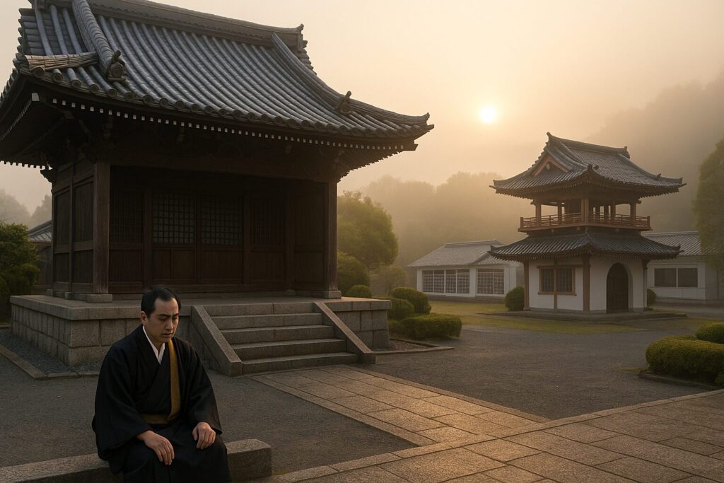 福岡・北九州・田川の真宗大谷派 西念寺 本堂と納骨堂を朝の光が照らす境内 法話「責任感と無理をしたくない思いのあいだで」アイキャッチ画像