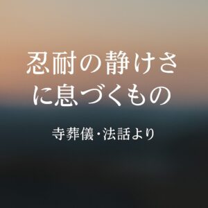 寺葬儀の法話「忍耐の静けさに息づくもの」。静かな境内に差し込む朝の光が、忍耐と供養のこころを表す。