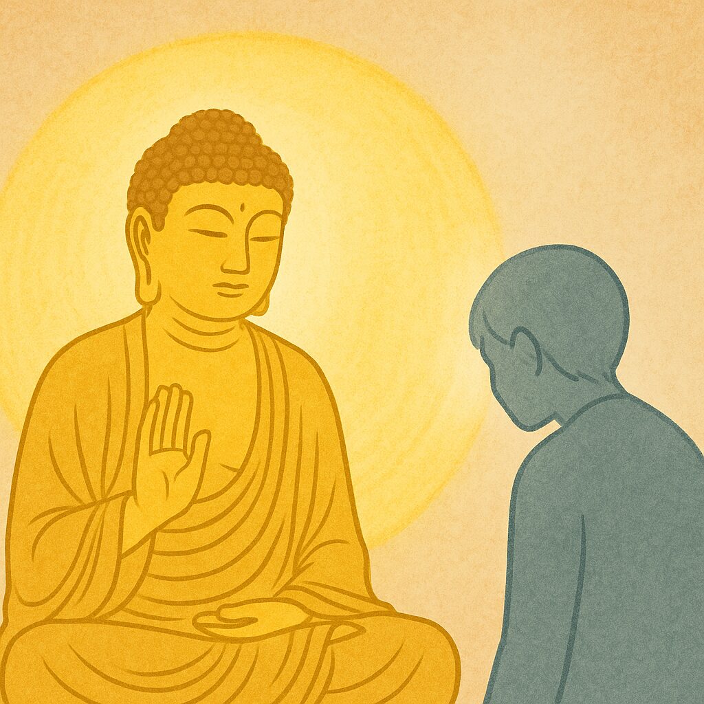 Illustration of Amida Buddha standing and radiating golden light toward a person who has let go of self-effort — symbolizing awakening through surrender.