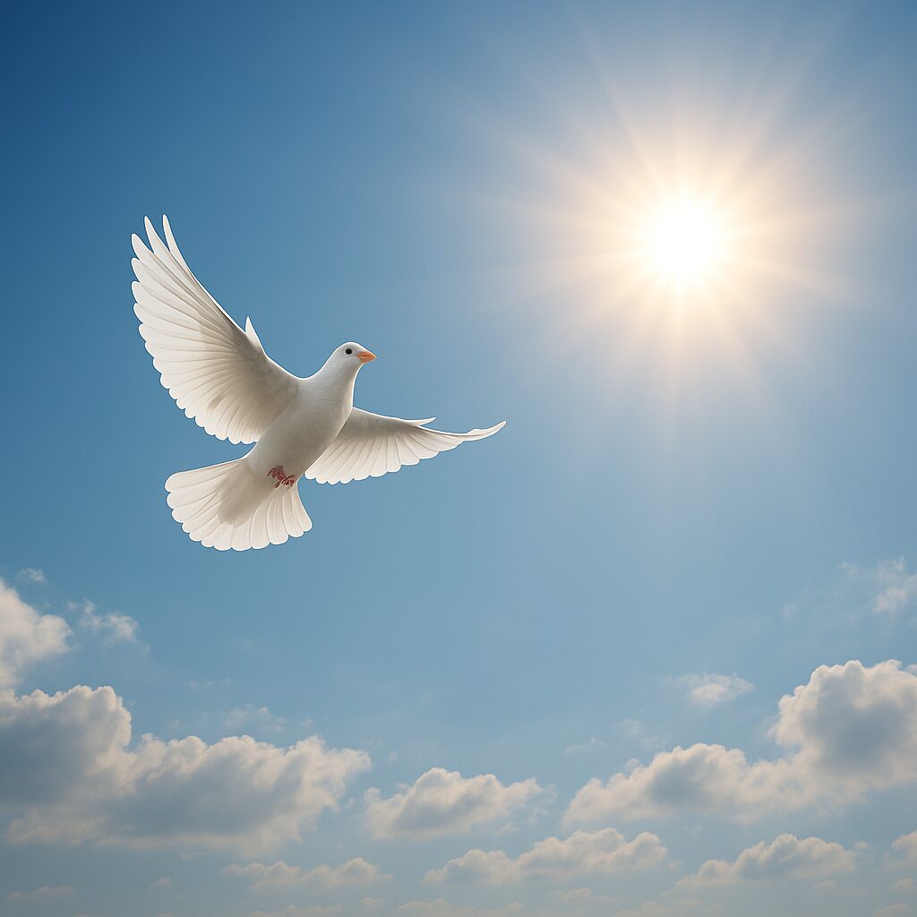 青空を背景に白い鳥が羽ばたく姿。葬儀で語られた「自由」の願いを象徴する穏やかなイメージ。