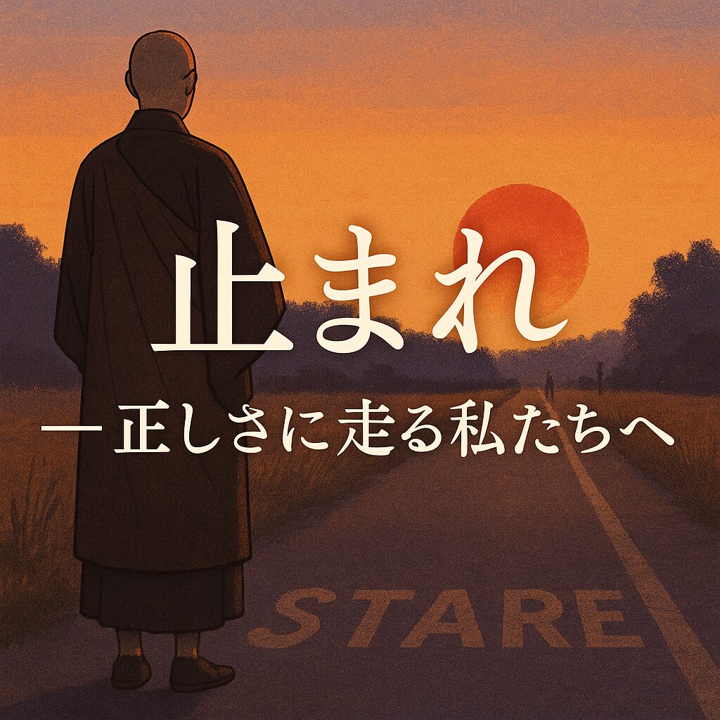 夕暮れの道に立つ僧侶の後ろ姿と「止まれ――正しさに走る私たちへ」の文字。お釈迦さまの言葉「止まれ」を現代に重ねるイラスト。
