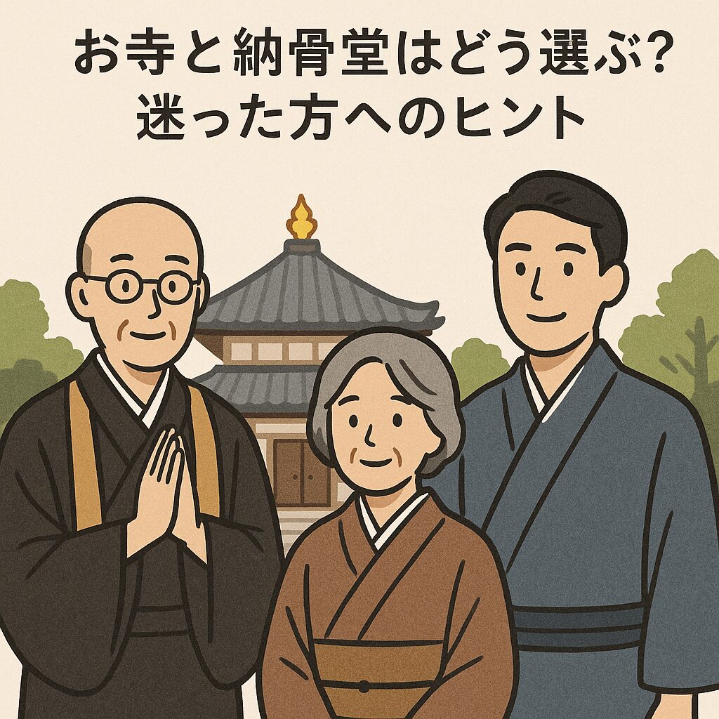 お寺と家族の世代を超えたご縁をイメージしたイラスト