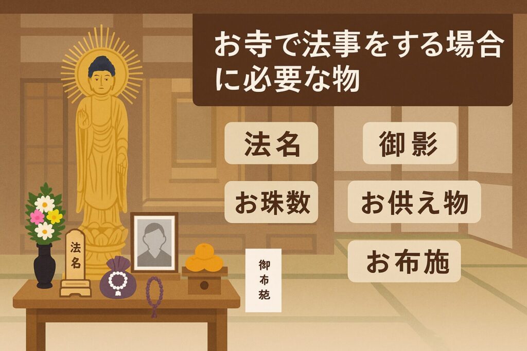 「お寺で法事をする時に必要な物をまとめたイラスト。立像の阿弥陀如来と、法名・御影・数珠・お供え物・お布施のイメージが描かれている。」