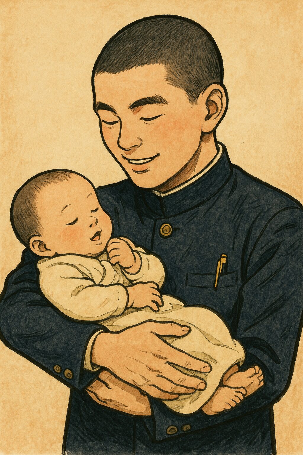 「優しい叔父と赤ちゃんを抱く青年を描いたイラスト(壽人さんの面影を重ねた法事記事用)」