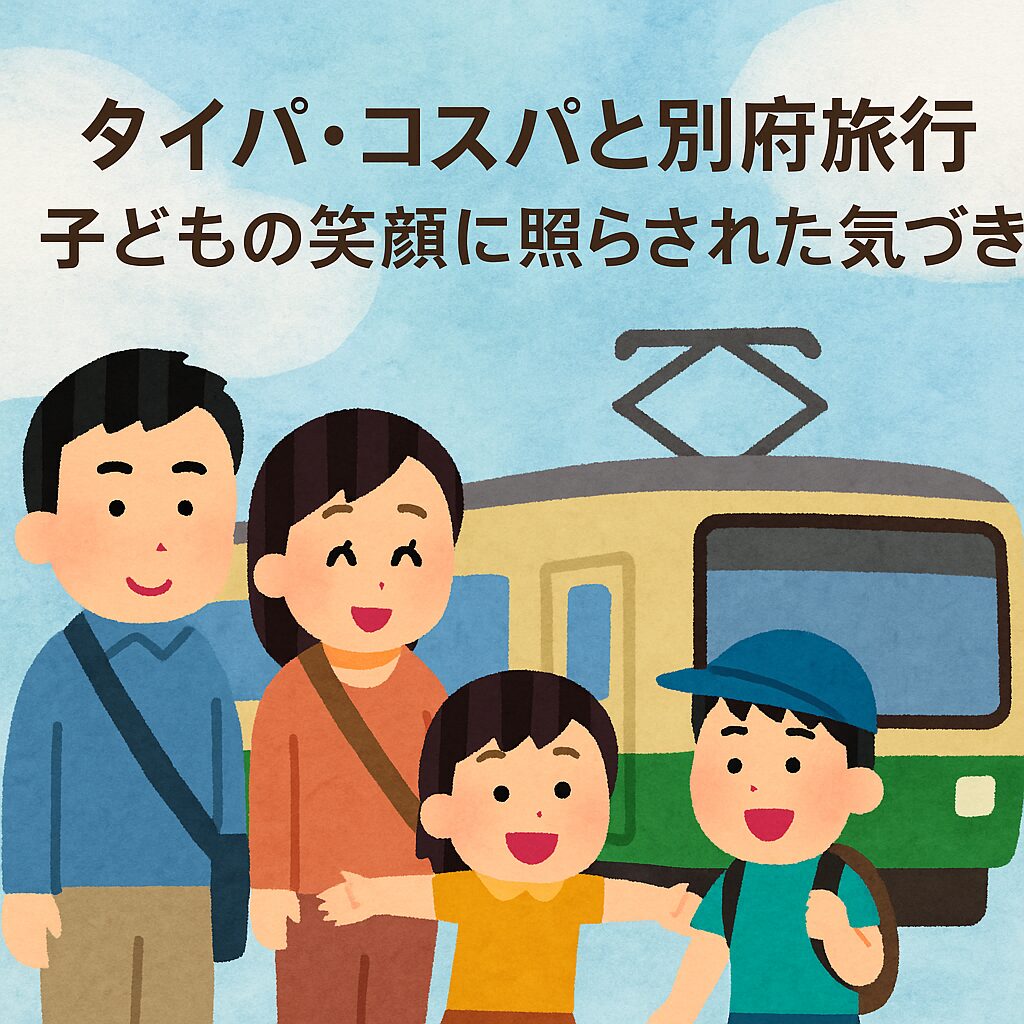 夏の別府温泉を舞台に、家族が電車を眺めながら笑顔で過ごす様子を描いたイラスト