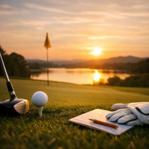 夕暮れのゴルフコースでボールとクラブを前に静かに佇む風景。楽しいのに心が満たされないという気づきを象徴する一枚