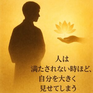 人のシルエットに温かな光が差し込むイラスト。「人は満たされない時ほど、自分を大きく見せてしまう」という言葉が添えられたアイキャッチ画像。