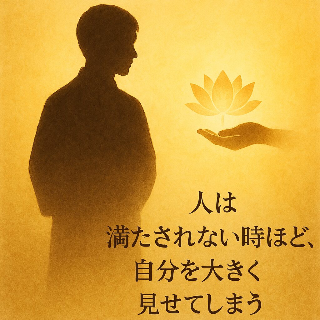 人のシルエットに温かな光が差し込むイラスト。「人は満たされない時ほど、自分を大きく見せてしまう」という言葉が添えられたアイキャッチ画像。