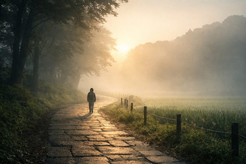 朝靄の中を続く一本道と、問題を徳に転じる道を象徴する風景