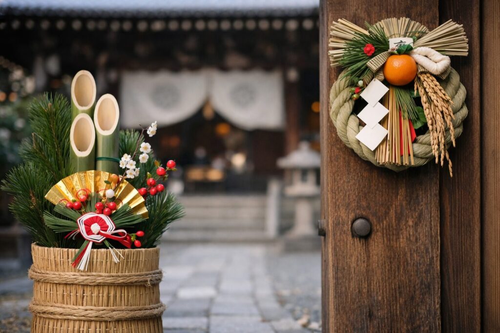 世間のおめでとうと仏教のおめでとうを表す正月飾りと門松の写真