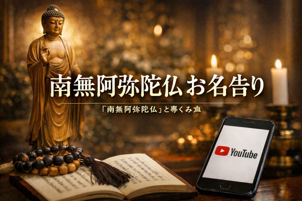 南無阿弥陀仏のお名告りを表す立像阿弥陀如来と念仏のイメージ