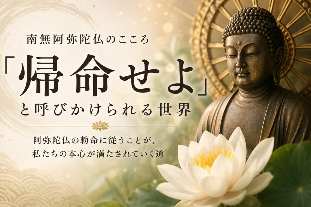 本心に帰命せよと呼びかけられる世界を表現した阿弥陀仏と蓮の花のアイキャッチ画像