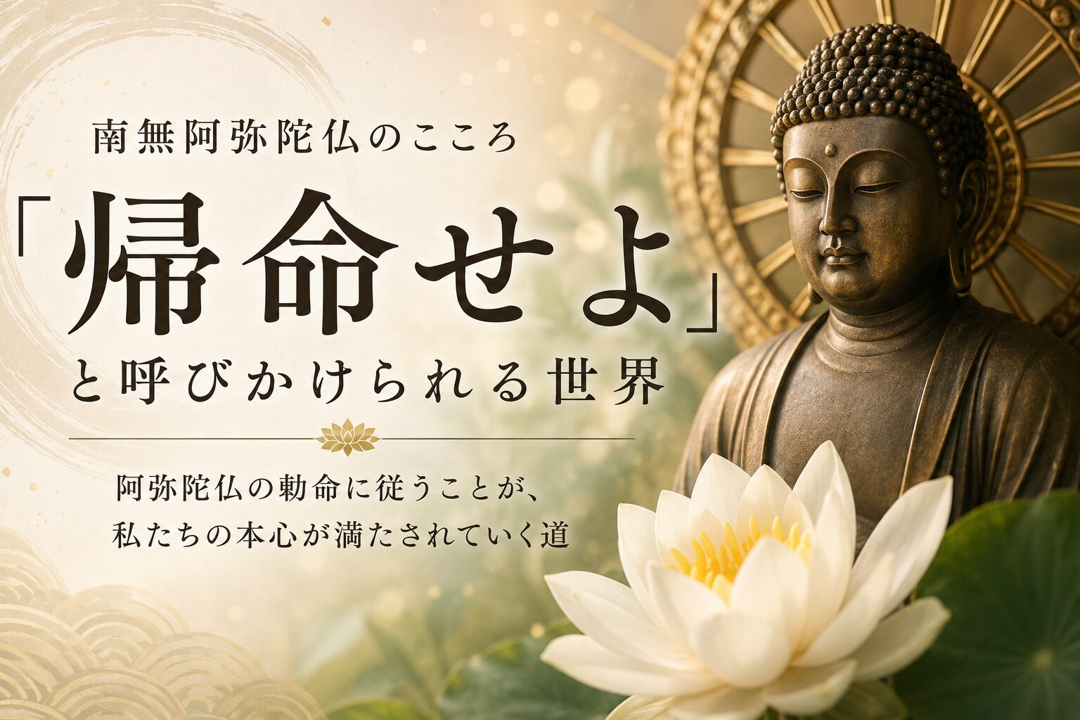 本心に帰命せよと呼びかけられる世界を表現した阿弥陀仏と蓮の花のアイキャッチ画像